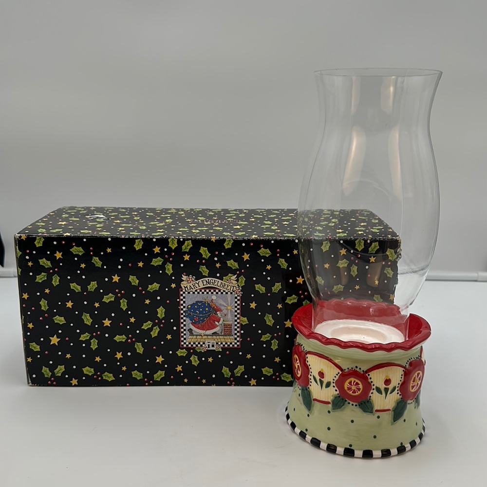 2001 Mary Engelbreit Ceramic and Glass Christmas Taper Hurricane Candlestick